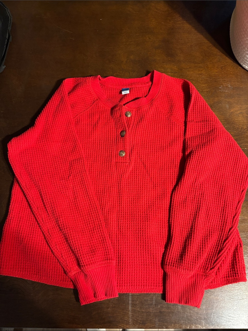 Bright Red Old Navy Cozy Waffle-Knit Henley Shirt with a Relaxed Fit